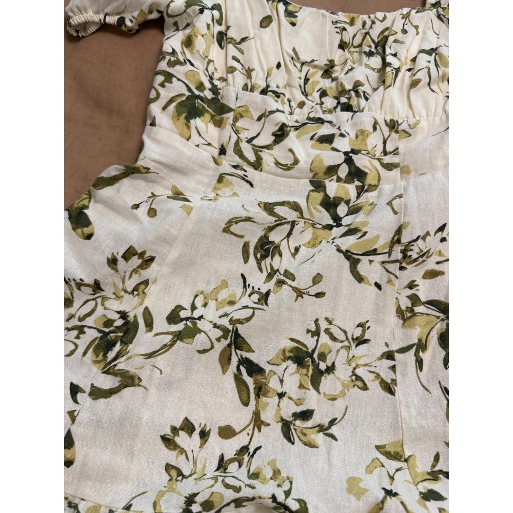 London Times Floral Linen Blend Puff Sleeve Smocked Back Mini Dress Ivory Green - Picture 7 of 8